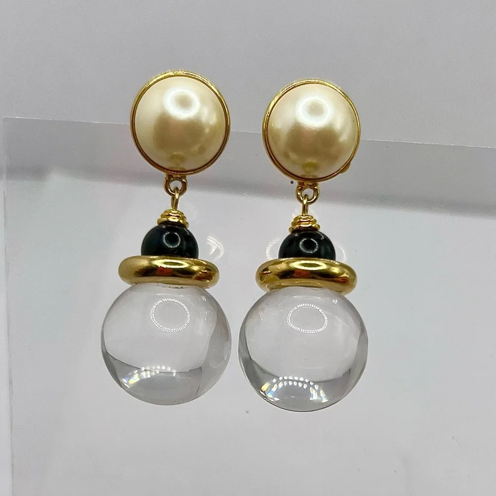 Vintage Pearl & Crystal Dangle Stud Earrings – Elegant Gold Tone Statement - Picture 1 of 4